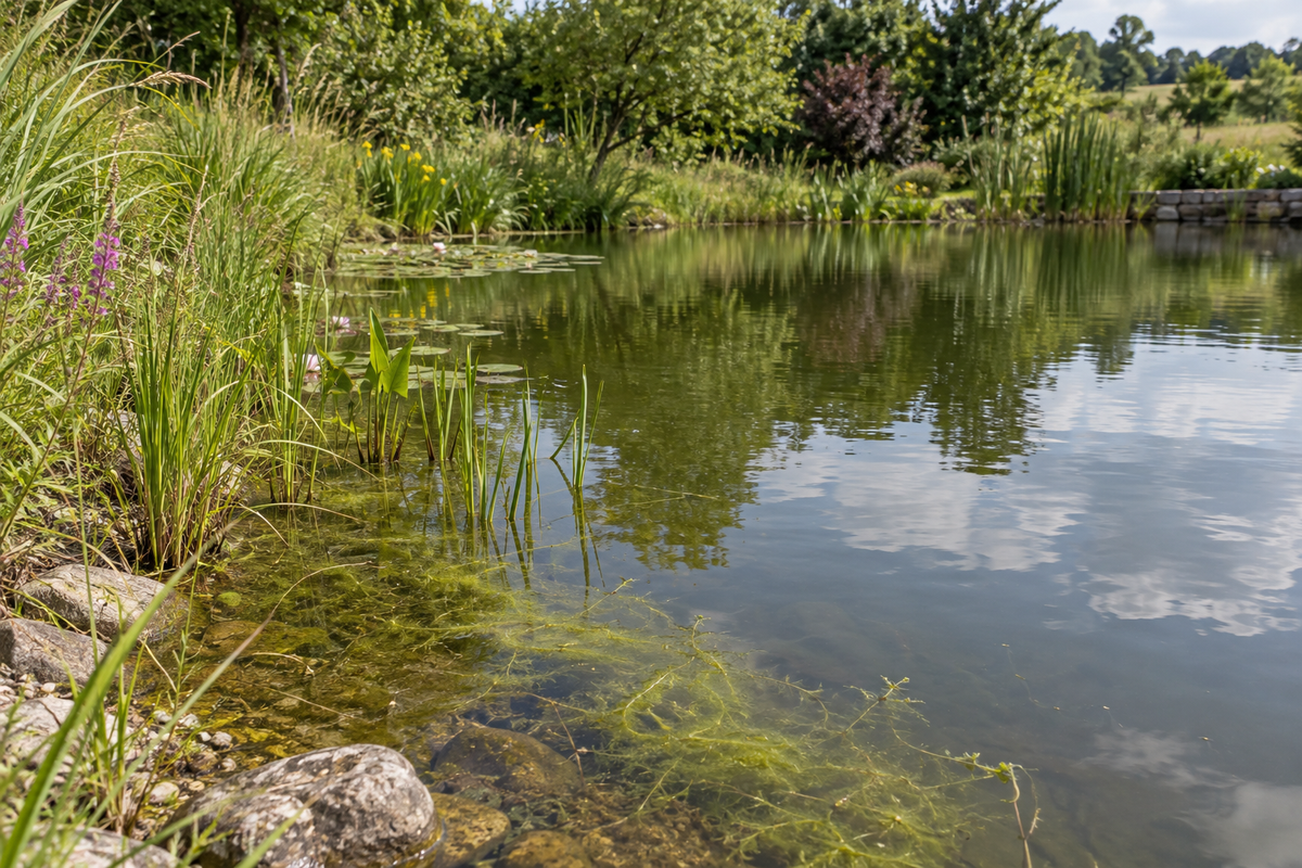 Étang naturel avec berges végétalisées et développement localisé près du bord