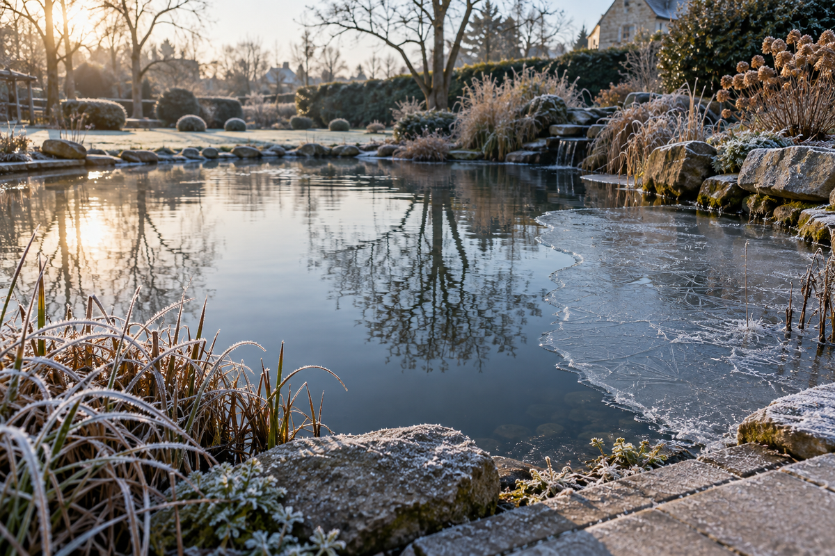 Illustration d’un bassin de jardin avec une formation partielle de glace en hiver
