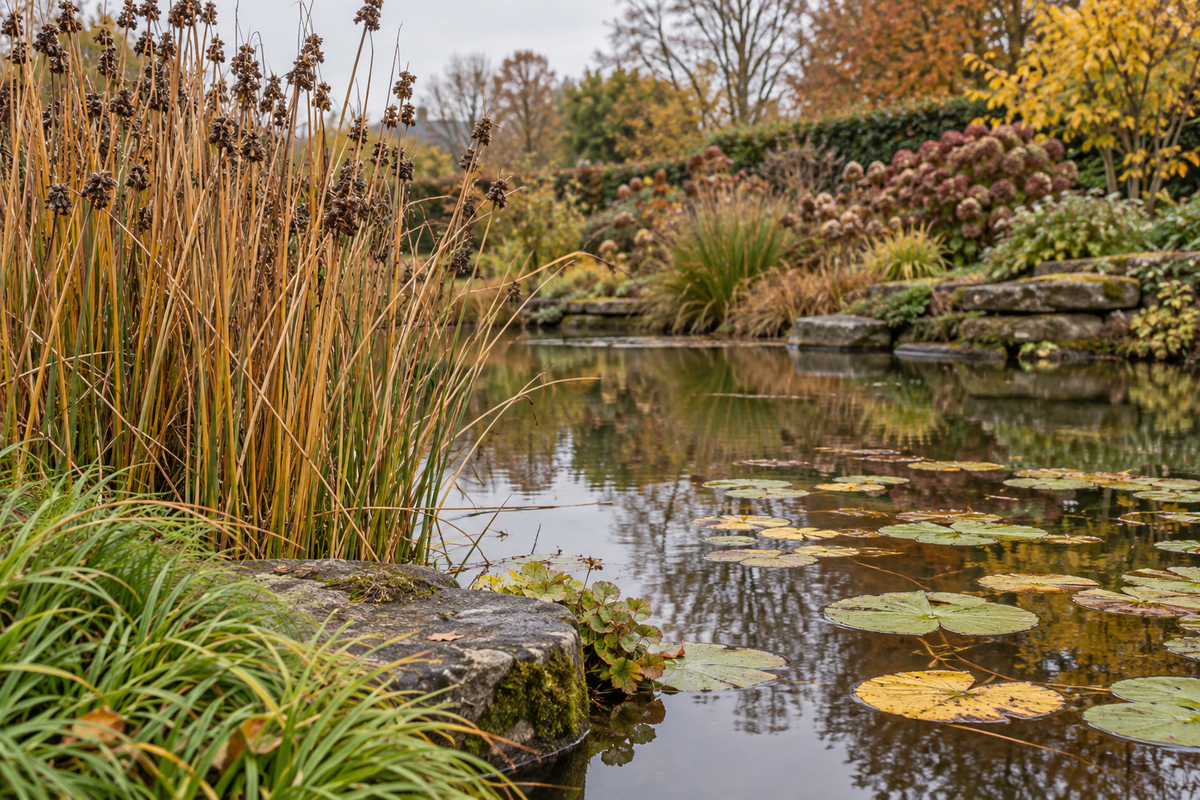 Illustration de plantes de berge et de feuilles de nénuphar dans un bassin en automne