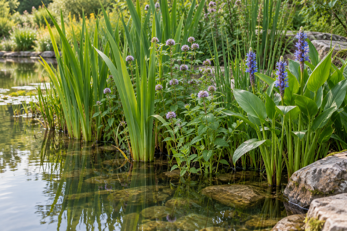 Illustration d’une bordure de bassin plantée d’iris, de menthe aquatique et de pontédéries