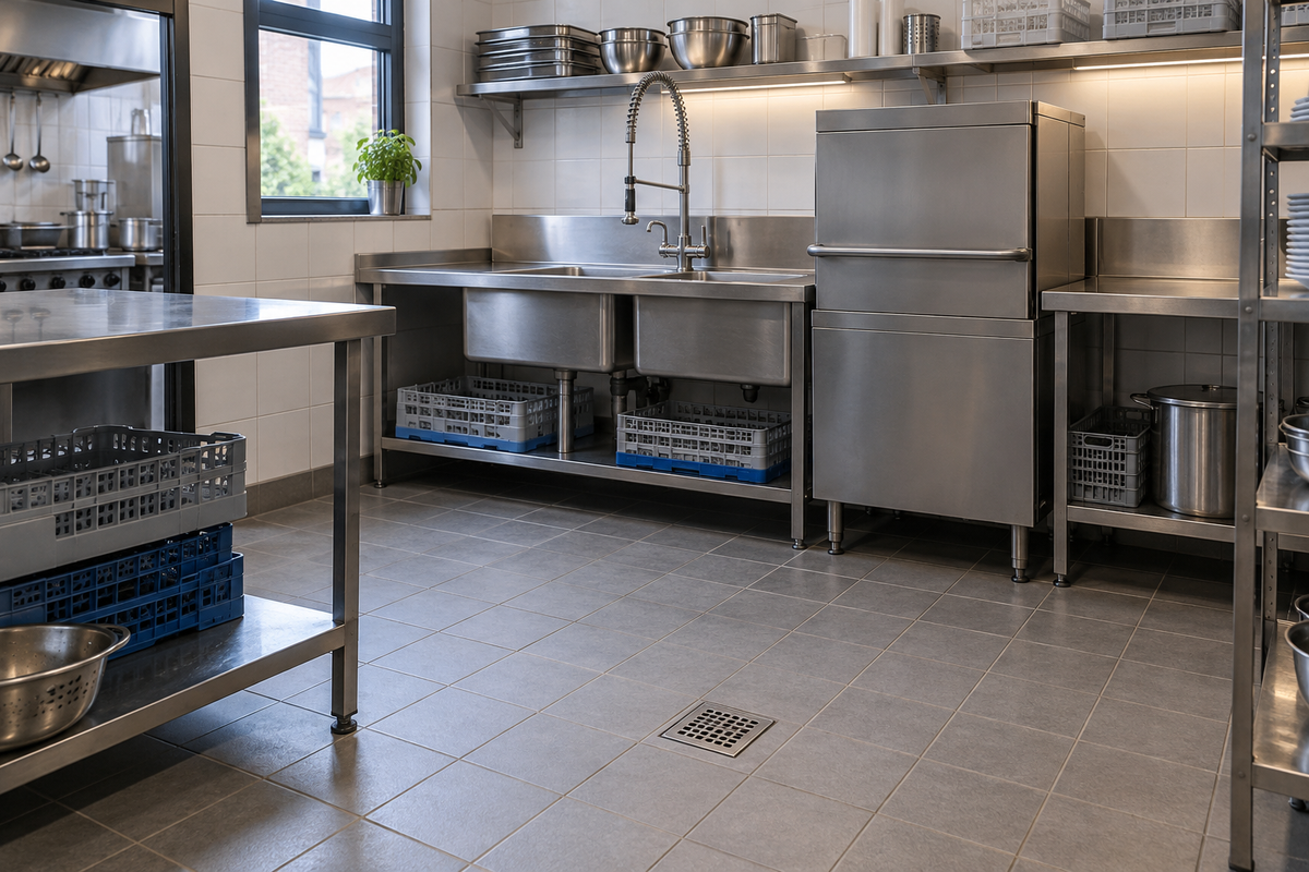 Zone de plonge et évacuation de sol dans une cuisine professionnelle hors service