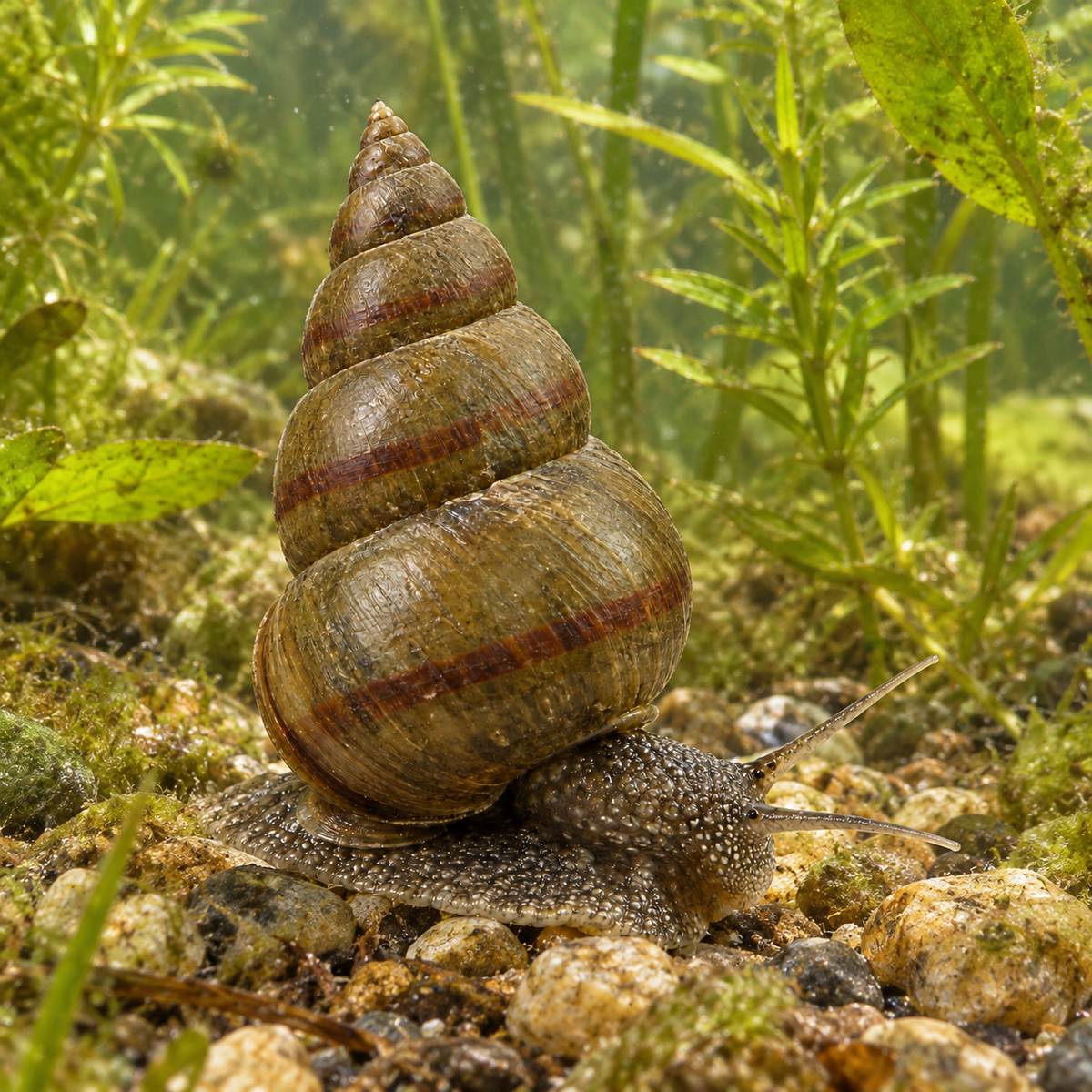 Escargot Filtrant Paludine Vivipaire - Viviparus Contectus - Moerashoornslak - Escargots filtrants pour bassin & lagunage dans l’eau — mise en situation illustrative générée