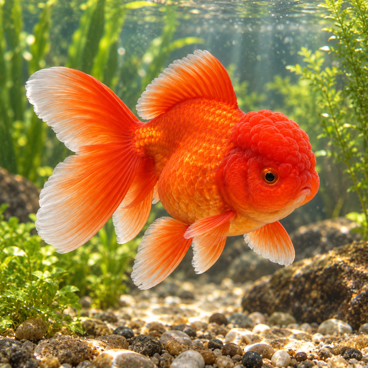 Premium oranda thai rouge dans l’eau — mise en situation illustrative générée