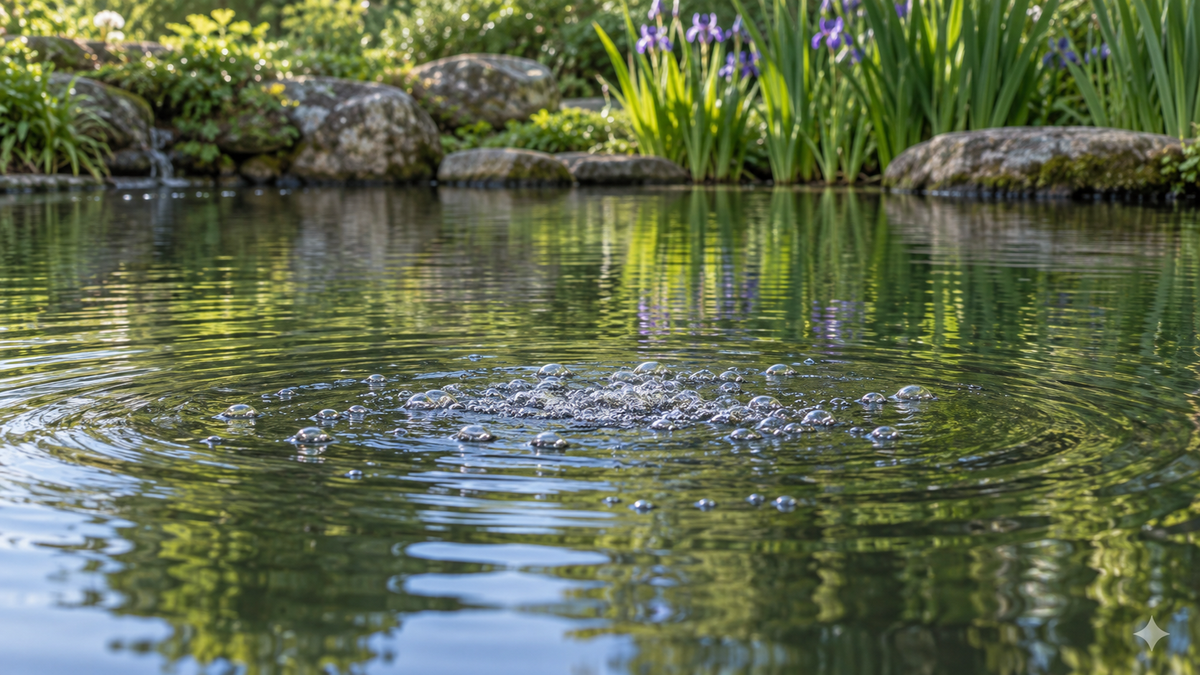 Illustration de bulles d’aération à la surface d’un bassin de jardin