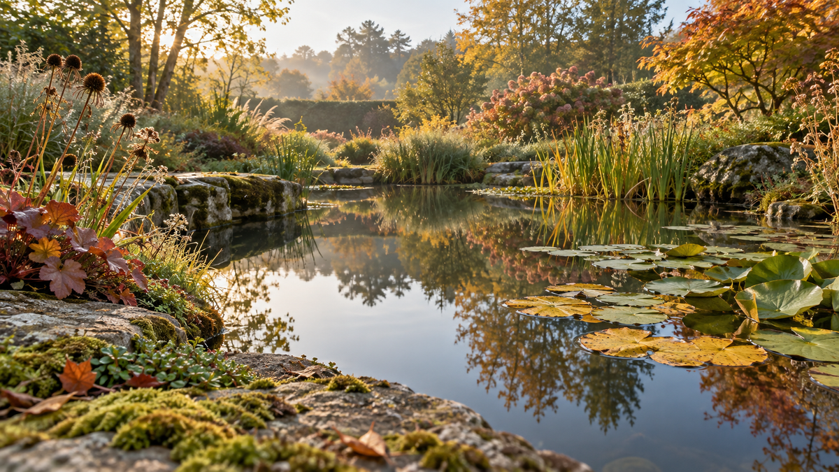 Illustration d’un bassin de jardin en automne, avec nénuphars et plantes de berge