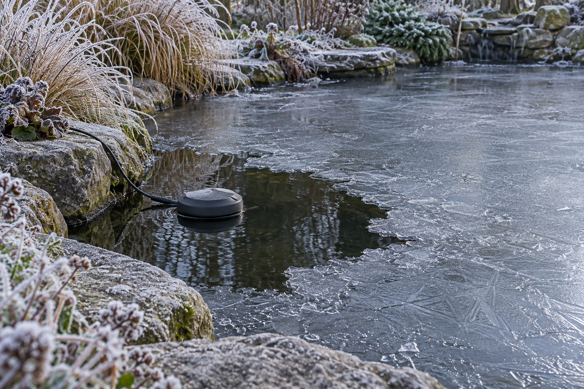 Illustration d’une petite zone d’eau libre autour d’un dispositif antigel dans un bassin