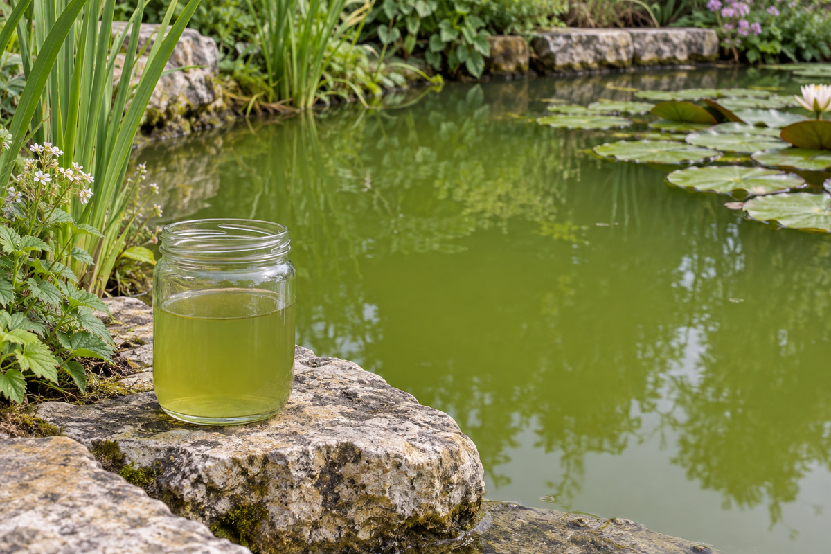 Échantillon d’eau verte près d’un bassin de jardin