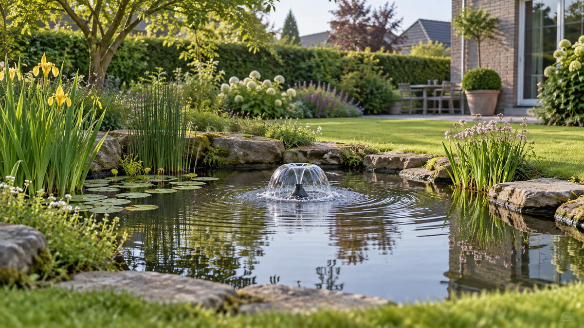 Illustration d’un petit bassin de jardin avec un jet d’eau en cloche