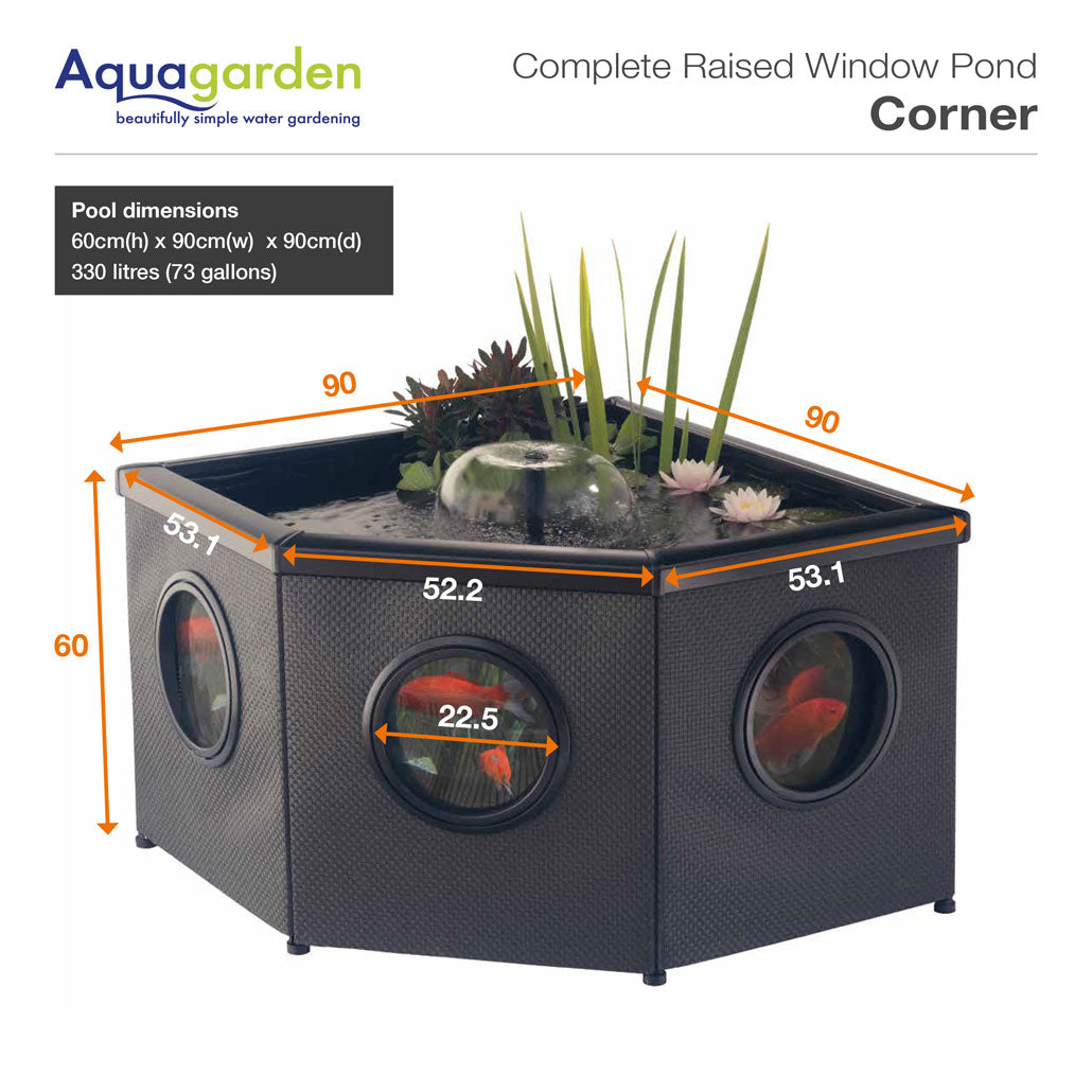 Raised Window Pond Corner Mocha – Bassin surélevé d'angle avec fenêtres panoramiques pour terrasse et jardin