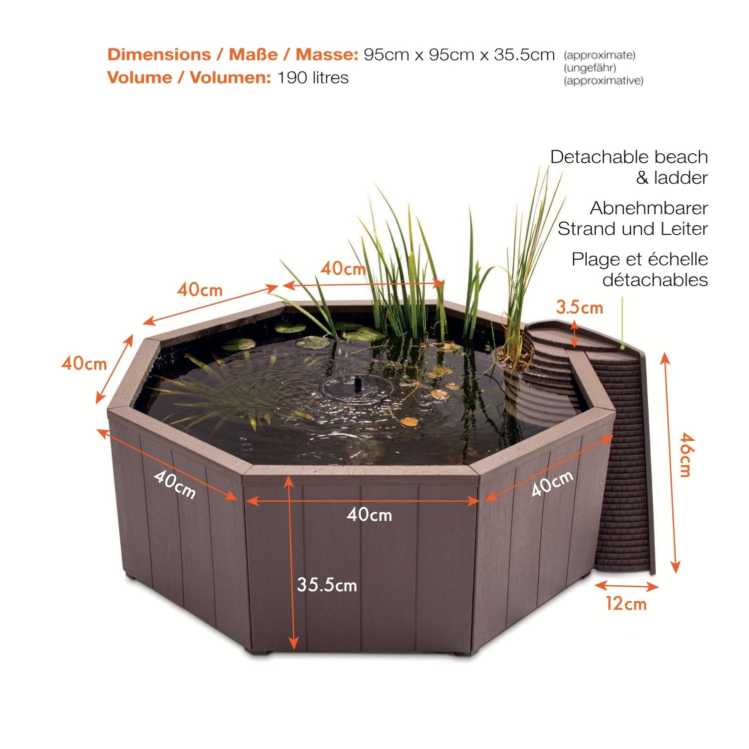 190L Above-Ground Pond - Complete Kit with Solar Fountain & Plant Tub + Frog Ladder - Aquigarden