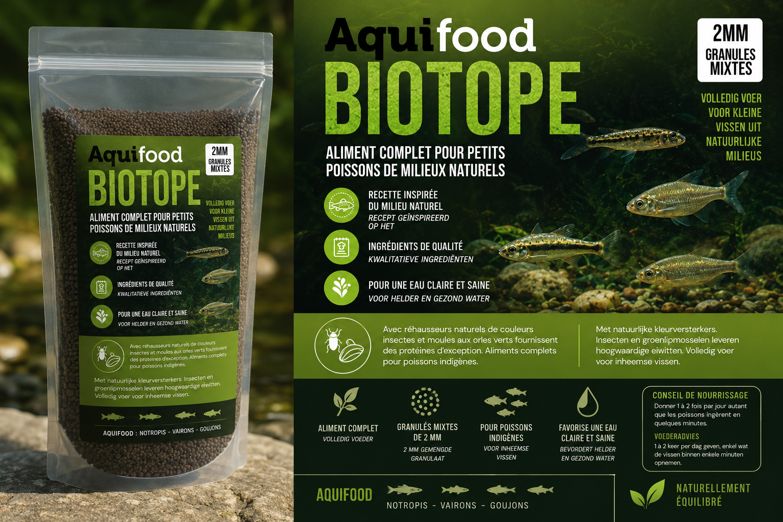 Aquifood Biotope - Nourriture pour poissons indigènes & petits poissons - 600G - Vairons, Notropis, Goujons, ...