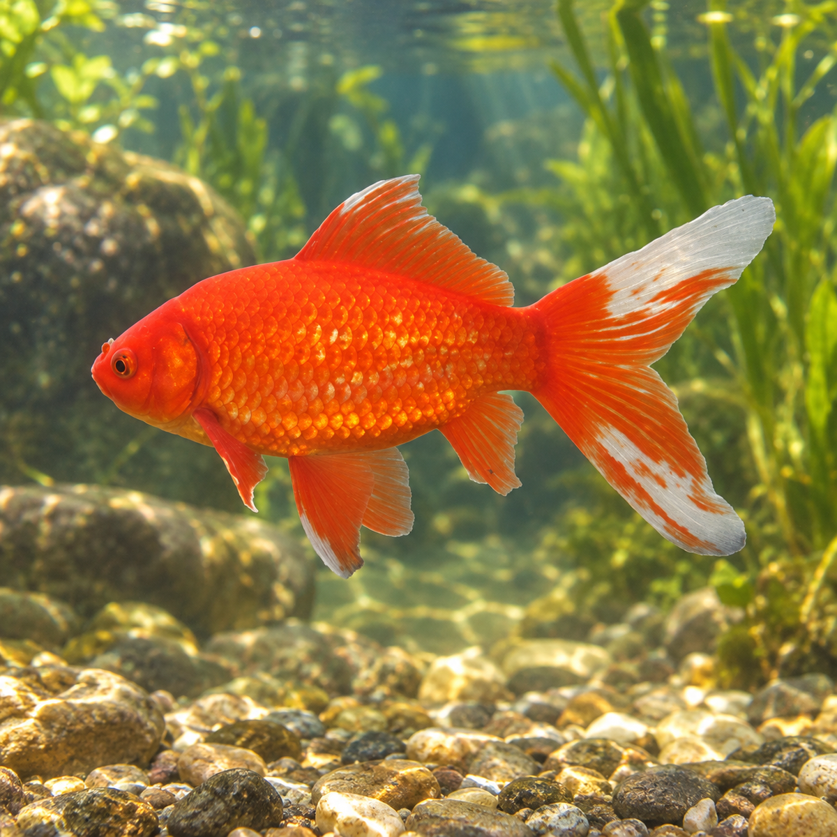 Poisson Rouge Comet - Rode Komeetstaart dans l’eau — mise en situation illustrative générée