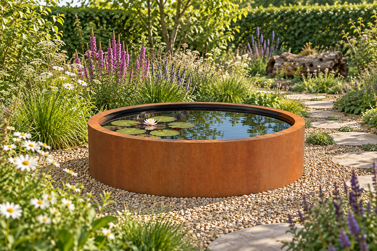 Illustration d’ambiance IA : bassin rond Atoll corten rouille et nénuphar dans un jardin d’inspiration biodiversité.