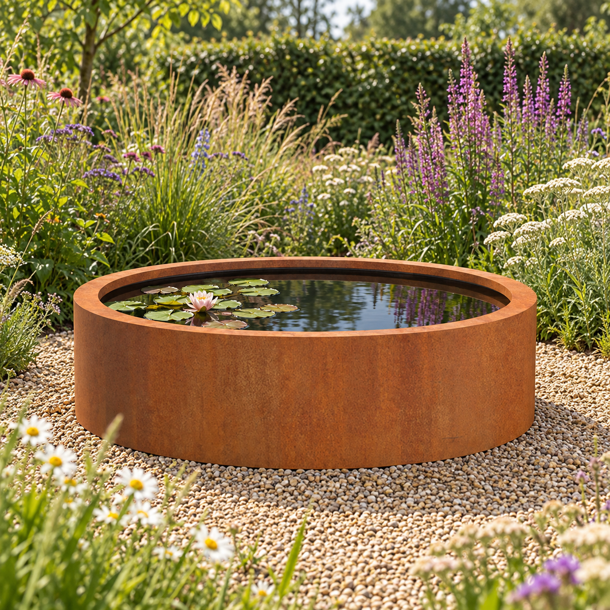 Illustration d’ambiance IA : bassin rond Atoll en corten patiné rouille dans un jardin de vivaces et graminées.