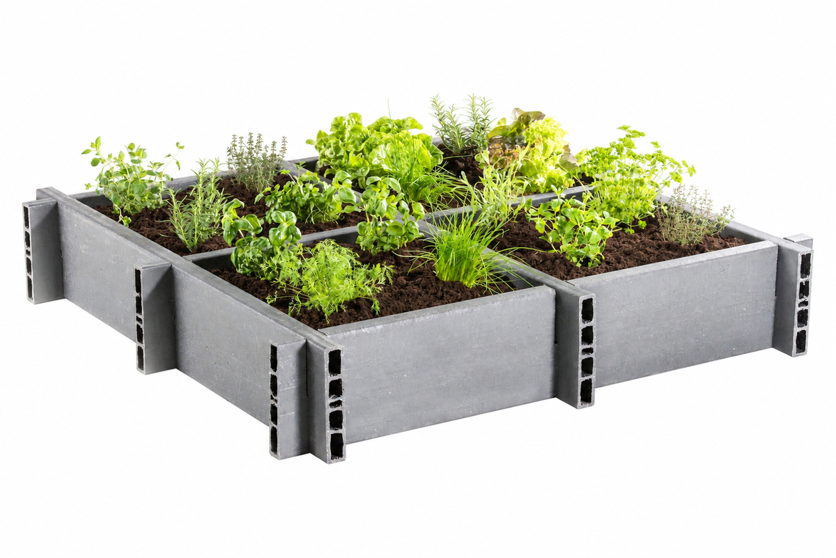 Carré potager Garden Box 120 x 120 x 22 cm à 4 compartiments - Ecoo — fond blanc — ecoo-audit-029-white