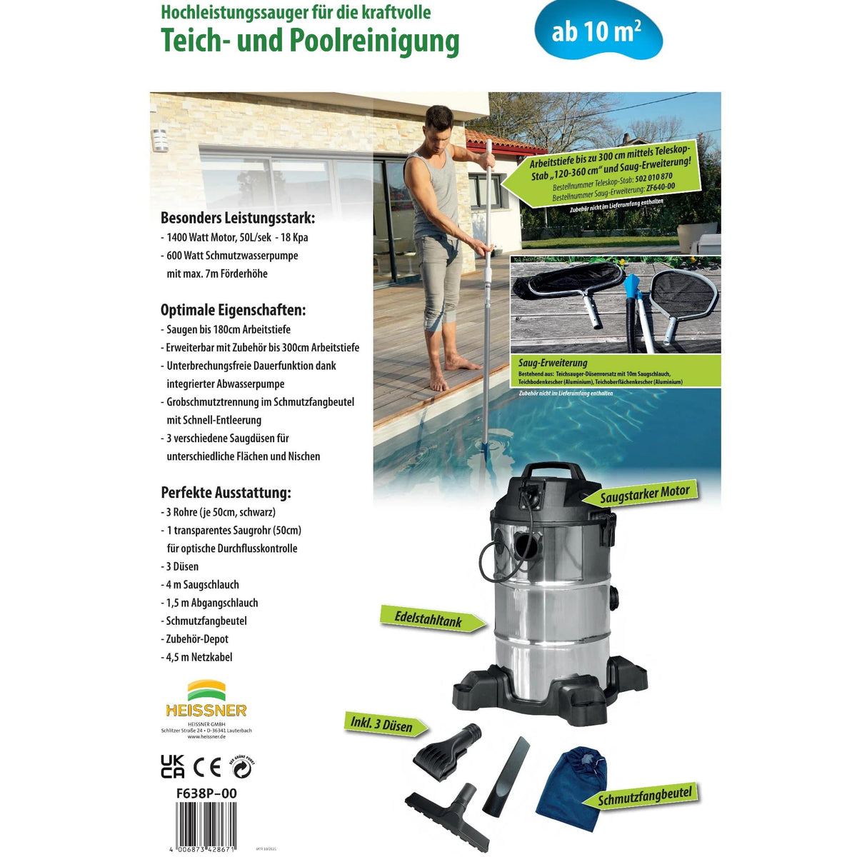 Heissner Aspirateur de Boue de Bassin NON-STOP 1400 W en Acier Inoxydable 4006873428671 F638P-00