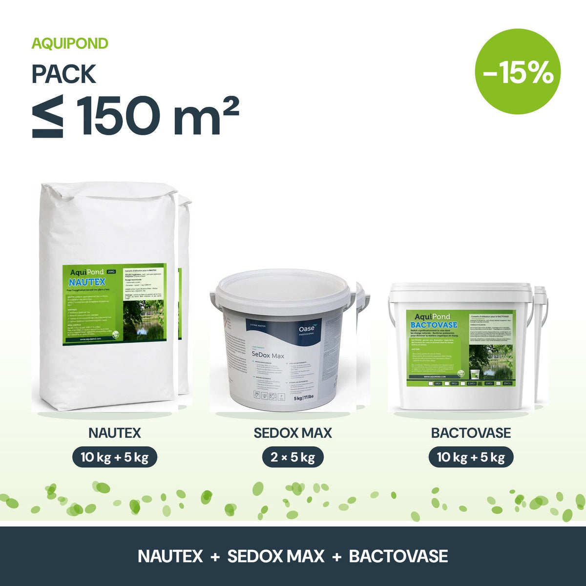 Pack Lentilles d'eau Aquipond – Nautex, SeDox Max & Bactovase (150 à 1 500 m²)