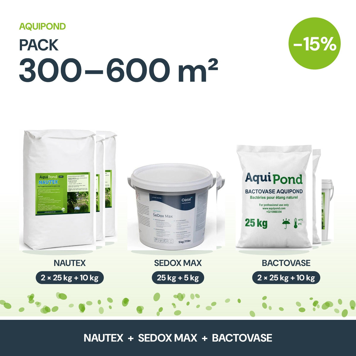 Pack Lentilles d'eau Aquipond – Nautex, SeDox Max & Bactovase (150 à 1 500 m²)