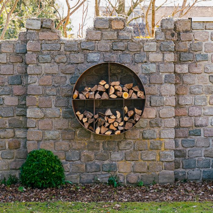 Range-bûches rond Stère Lune en acier corten - Ø 100 cm - Aquigarden